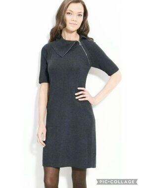 Calvin Klein Sweater Dress Cowl Neck Zipper Gray Sheath Mini L Quiet Luxury